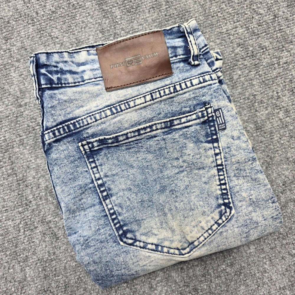 Phat Farm Men's Acid Wash Distressed Moto Denim Shorts Blue Size 32 Stretch